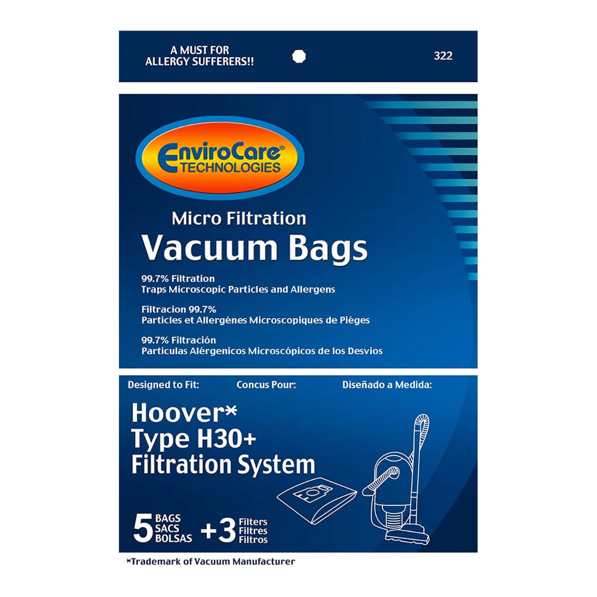 EnviroCare Hoover H30+ Filtration System - 5 Vacuum Bags and 3 Filters