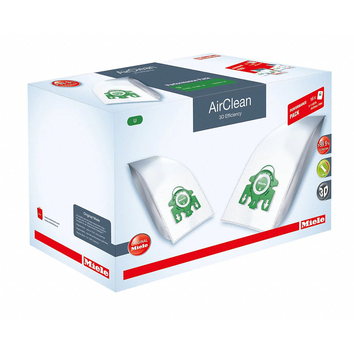 Miele Performance Pack - 16 U AirClean 3D Vacuum Bags & 1 SF-HA30 HEPA Filter