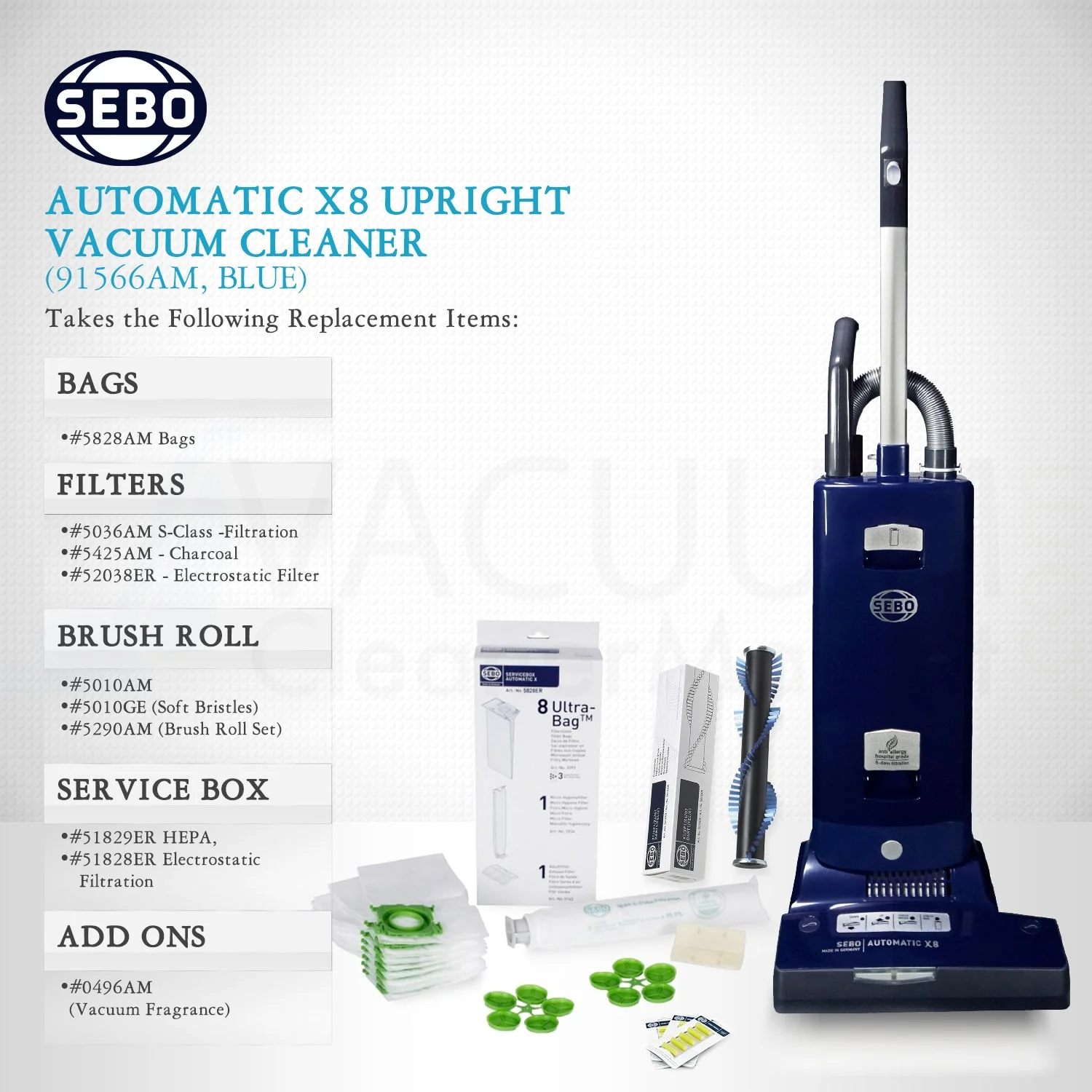 SEBO Automatic X8 Upright Vacuum Cleaner 91566AM (Blue) - Image 7